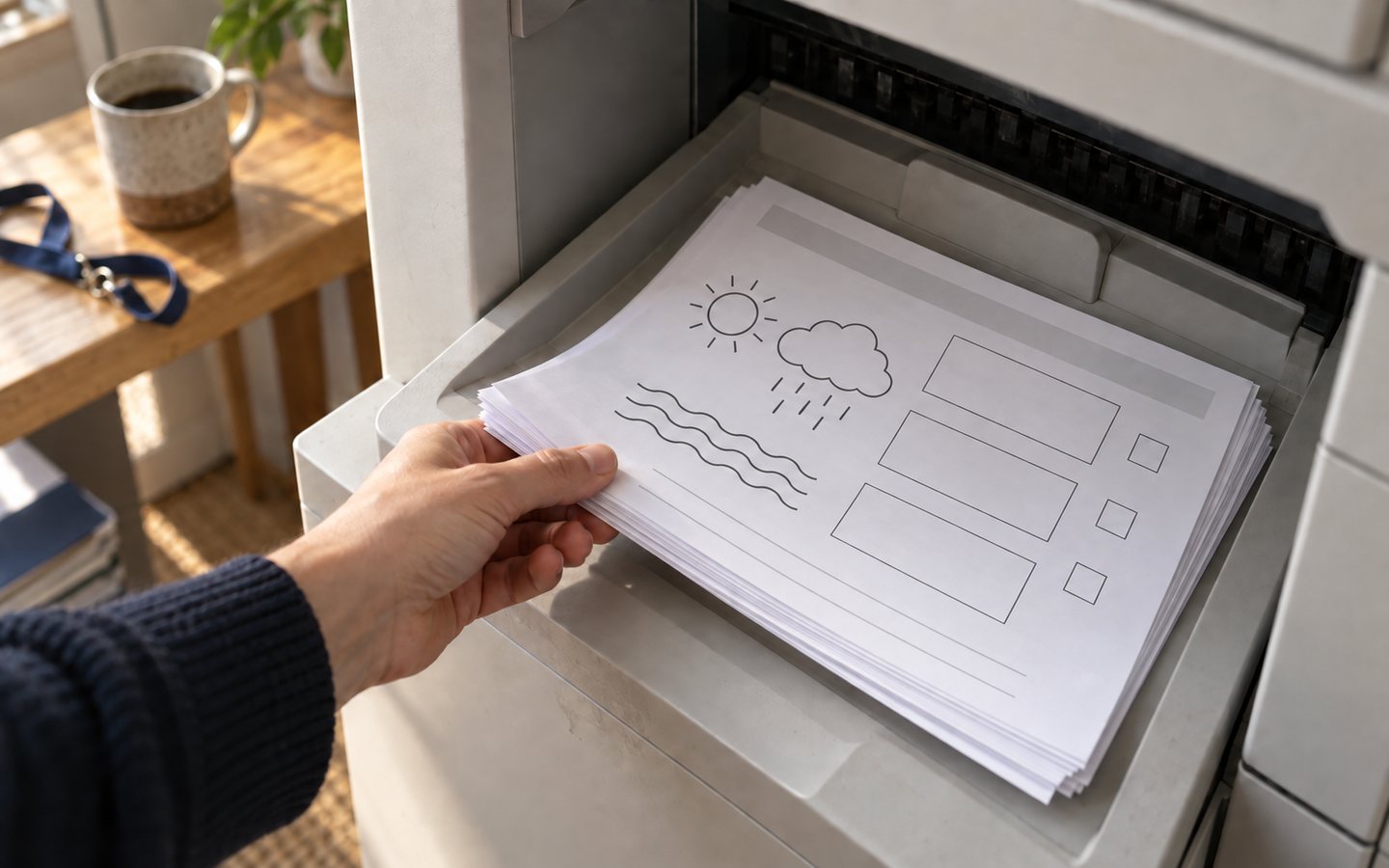 Illustrative photo: a hand lifting a fresh stack of printed worksheets, with a simple water-cycle drawing and empty answer boxes, from a photocopier output tray in the early morning