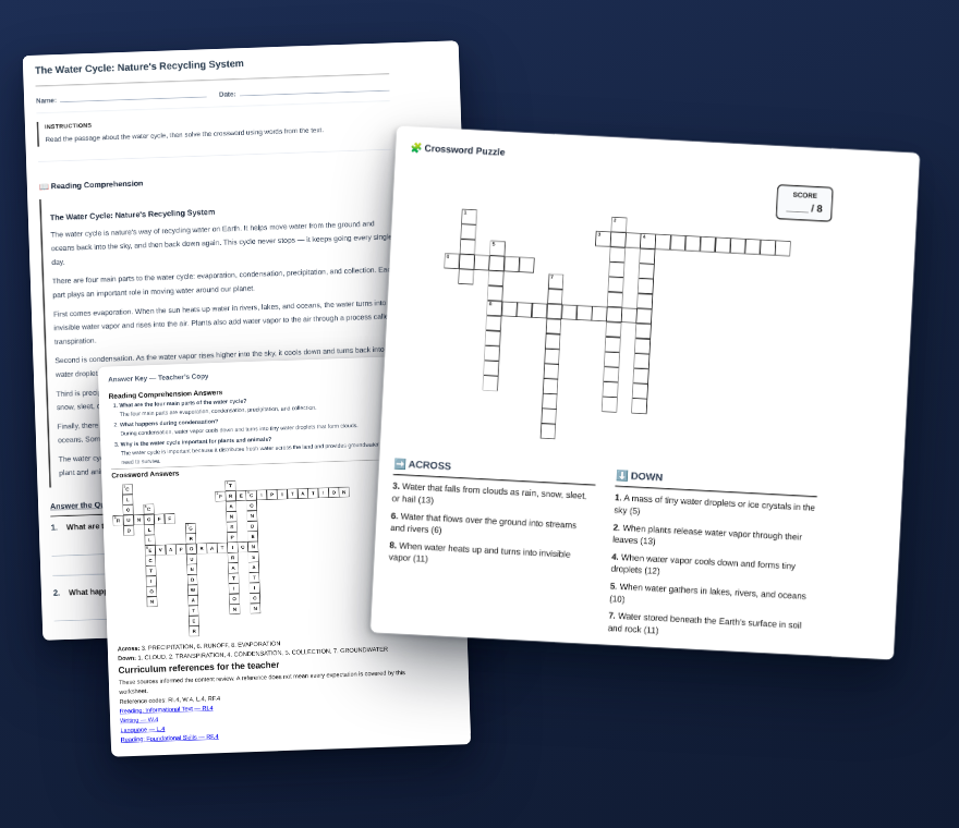 A real RapidWorksheet Grade 4 water-cycle worksheet: a reading passage, an eight-clue crossword and three questions, with the answer key and the curriculum references page behind it